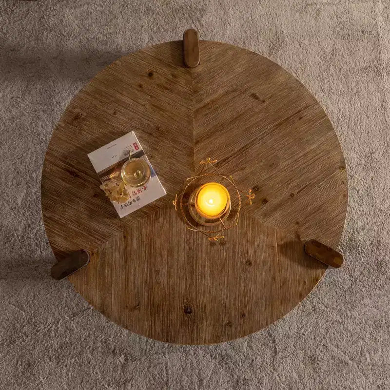 Table basse ronde chevrons JVNOXK de 36,61 pouces, style rustique avec pieds fuselés et finition en bois naturel vieilli, idéale pour le salon