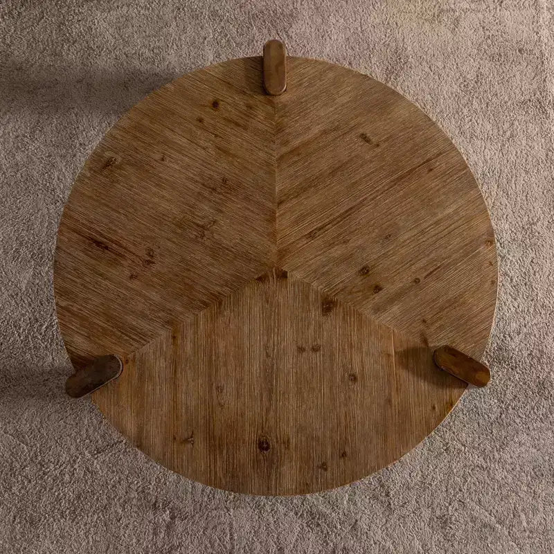 Table basse ronde chevrons JVNOXK de 36,61 pouces, style rustique avec pieds fuselés et finition en bois naturel vieilli, idéale pour le salon