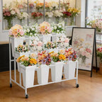 Présentoir à fleurs, charrette à fleurs à 3 niveaux avec 12 seaux ronds et roues, présentoir mobile pour jardin, mariage, magasin de fleurs