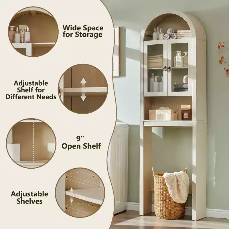 Meuble de rangement arqué au-dessus des toilettes avec portes en acrylique, étagère de salle de bain, meuble de salle de bain moderne avec étagère réglable