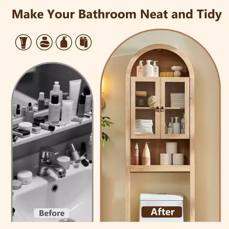 Meuble de rangement arqué au-dessus des toilettes avec portes en acrylique, étagère de salle de bain, meuble de salle de bain moderne avec étagère réglable