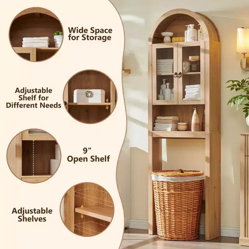 Meuble de rangement arqué au-dessus des toilettes avec portes en acrylique, étagère de salle de bain, meuble de salle de bain moderne avec étagère réglable