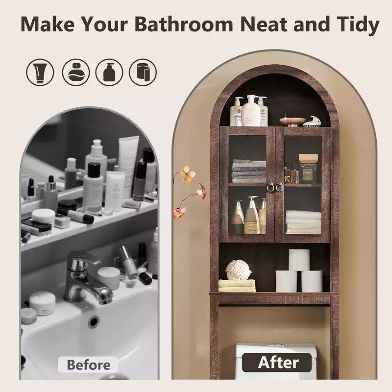 Meuble de rangement arqué au-dessus des toilettes avec portes en acrylique, étagère de salle de bain, meuble de salle de bain moderne avec étagère réglable
