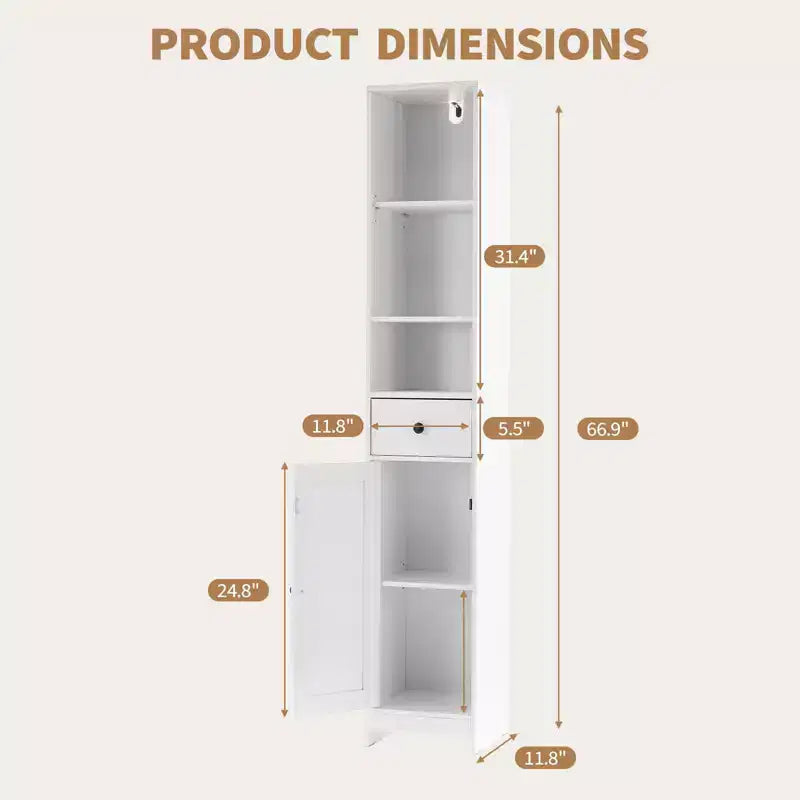 Acekool Armoire étroite de salle de bain 66 cm, porte simple avec tiroir, rangement peu encombrant, étagères réglables pour salle de bain, cuisine, salon