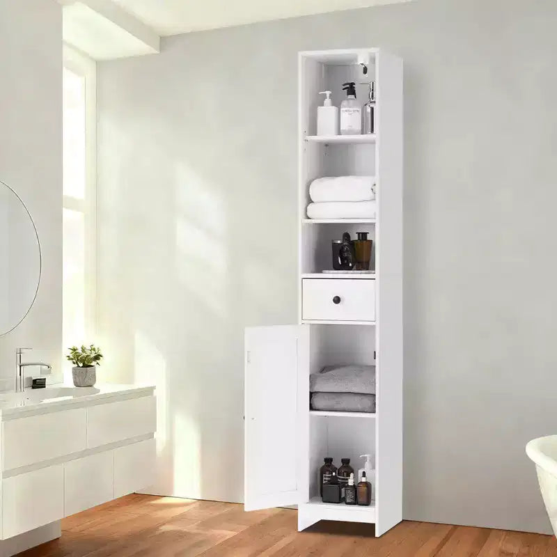 Acekool Armoire étroite de salle de bain 66 cm, porte simple avec tiroir, rangement peu encombrant, étagères réglables pour salle de bain, cuisine, salon