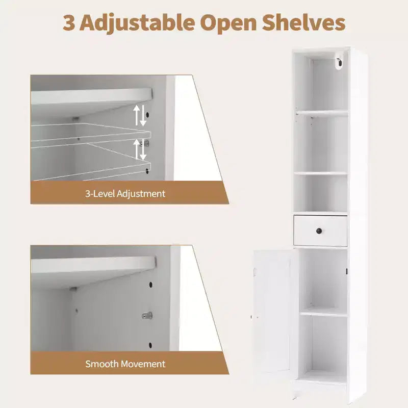 Acekool Armoire étroite de salle de bain 66 cm, porte simple avec tiroir, rangement peu encombrant, étagères réglables pour salle de bain, cuisine, salon