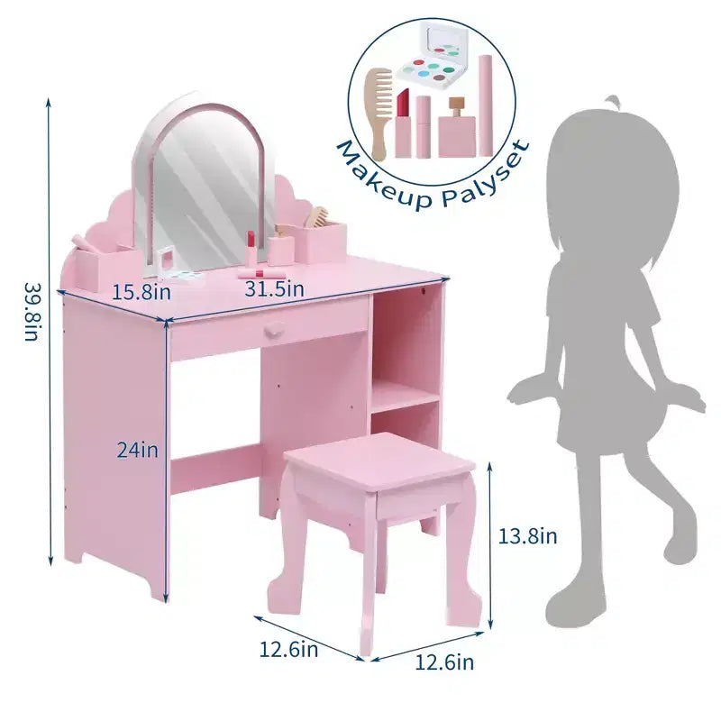 Coiffeuse et tabouret pour enfants avec miroir éclairé, coiffeuse de maquillage 2-en-1 avec tiroir et étagères ouvertes pour les filles de 3 ans et plus