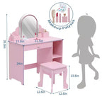 Coiffeuse et tabouret pour enfants avec miroir éclairé, coiffeuse de maquillage 2-en-1 avec tiroir et étagères ouvertes pour les filles de 3 ans et plus