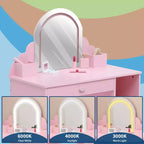 Coiffeuse et tabouret pour enfants avec miroir éclairé, coiffeuse de maquillage 2-en-1 avec tiroir et étagères ouvertes pour les filles de 3 ans et plus