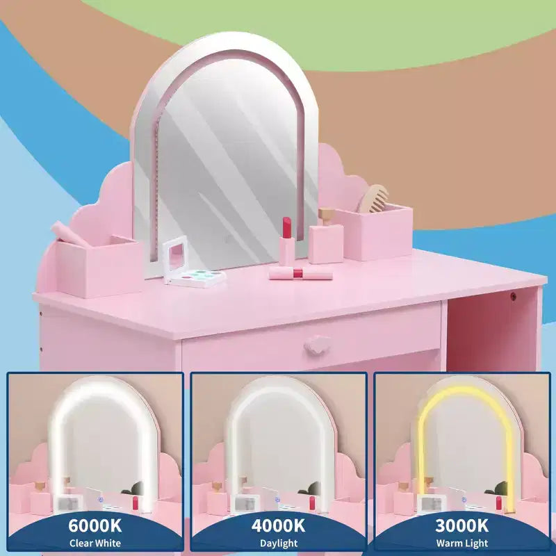 Coiffeuse et tabouret pour enfants avec miroir éclairé, coiffeuse de maquillage 2-en-1 avec tiroir et étagères ouvertes pour les filles de 3 ans et plus