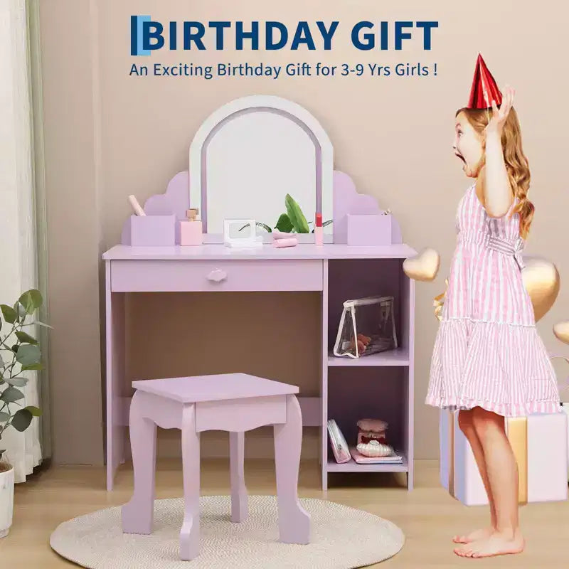 Coiffeuse et tabouret pour enfants avec miroir éclairé, coiffeuse de maquillage 2-en-1 avec tiroir et étagères ouvertes pour les filles de 3 ans et plus