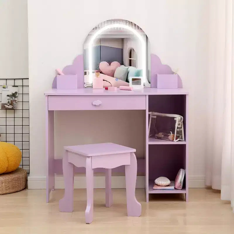 Coiffeuse et tabouret pour enfants avec miroir éclairé, coiffeuse de maquillage 2-en-1 avec tiroir et étagères ouvertes pour les filles de 3 ans et plus