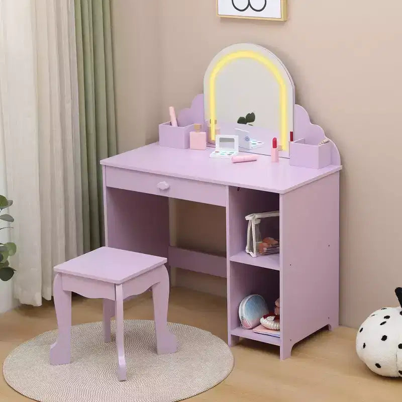 Coiffeuse et tabouret pour enfants avec miroir éclairé, coiffeuse de maquillage 2-en-1 avec tiroir et étagères ouvertes pour les filles de 3 ans et plus