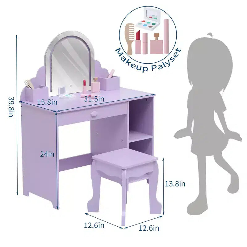Coiffeuse et tabouret pour enfants avec miroir éclairé, coiffeuse de maquillage 2-en-1 avec tiroir et étagères ouvertes pour les filles de 3 ans et plus