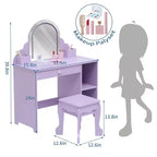 Coiffeuse et tabouret pour enfants avec miroir éclairé, coiffeuse de maquillage 2-en-1 avec tiroir et étagères ouvertes pour les filles de 3 ans et plus