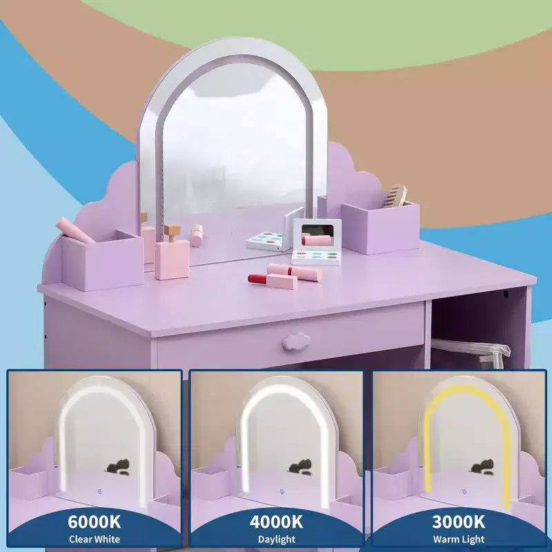 Coiffeuse et tabouret pour enfants avec miroir éclairé, coiffeuse de maquillage 2-en-1 avec tiroir et étagères ouvertes pour les filles de 3 ans et plus