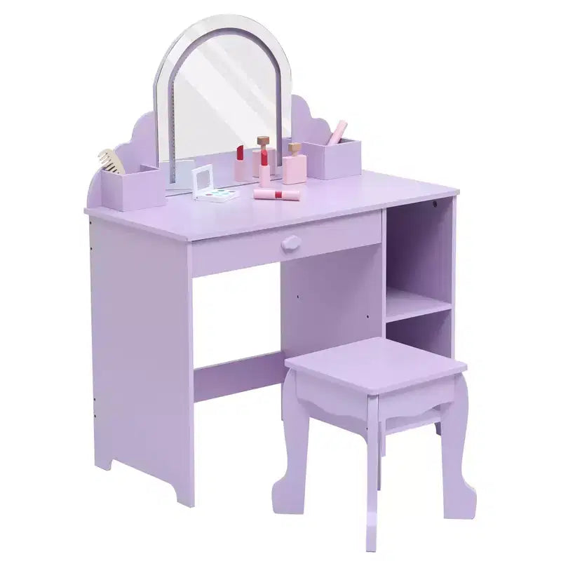 Coiffeuse et tabouret pour enfants avec miroir éclairé, coiffeuse de maquillage 2-en-1 avec tiroir et étagères ouvertes pour les filles de 3 ans et plus