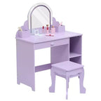Coiffeuse et tabouret pour enfants avec miroir éclairé, coiffeuse de maquillage 2-en-1 avec tiroir et étagères ouvertes pour les filles de 3 ans et plus