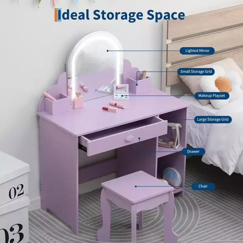 Coiffeuse et tabouret pour enfants avec miroir éclairé, coiffeuse de maquillage 2-en-1 avec tiroir et étagères ouvertes pour les filles de 3 ans et plus