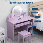 Coiffeuse et tabouret pour enfants avec miroir éclairé, coiffeuse de maquillage 2-en-1 avec tiroir et étagères ouvertes pour les filles de 3 ans et plus