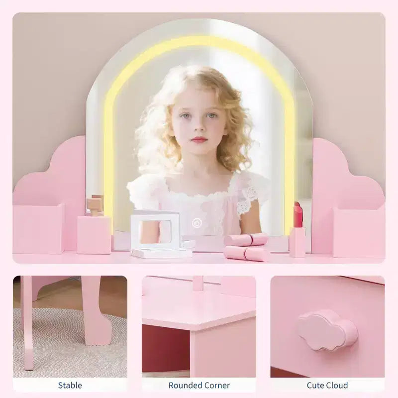 Coiffeuse et tabouret pour enfants avec miroir éclairé, coiffeuse de maquillage 2-en-1 avec tiroir et étagères ouvertes pour les filles de 3 ans et plus