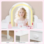 Coiffeuse et tabouret pour enfants avec miroir éclairé, coiffeuse de maquillage 2-en-1 avec tiroir et étagères ouvertes pour les filles de 3 ans et plus