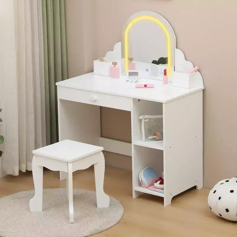 Coiffeuse et tabouret pour enfants avec miroir éclairé, coiffeuse de maquillage 2-en-1 avec tiroir et étagères ouvertes pour les filles de 3 ans et plus