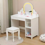 Coiffeuse et tabouret pour enfants avec miroir éclairé, coiffeuse de maquillage 2-en-1 avec tiroir et étagères ouvertes pour les filles de 3 ans et plus