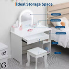 Coiffeuse et tabouret pour enfants avec miroir éclairé, coiffeuse de maquillage 2-en-1 avec tiroir et étagères ouvertes pour les filles de 3 ans et plus