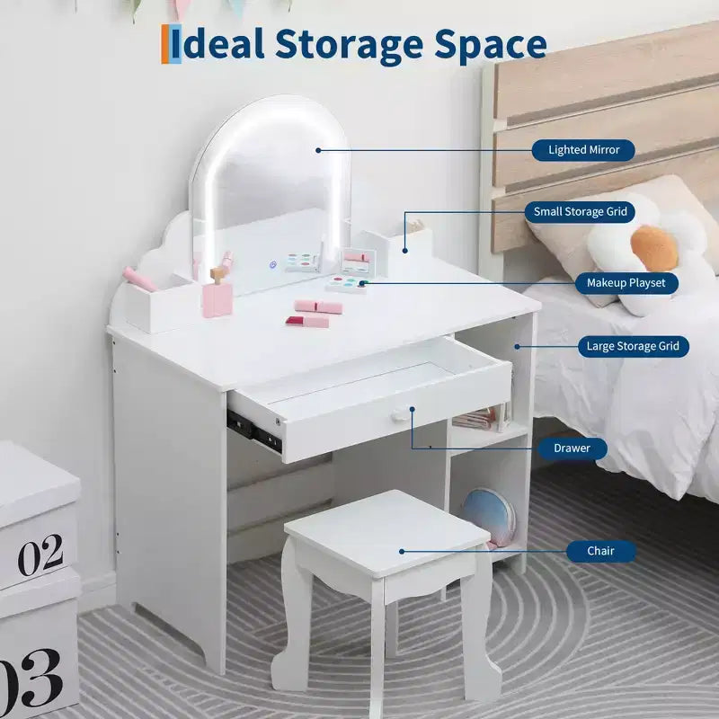 Coiffeuse et tabouret pour enfants avec miroir éclairé, coiffeuse de maquillage 2-en-1 avec tiroir et étagères ouvertes pour les filles de 3 ans et plus