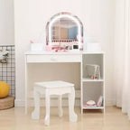 Coiffeuse et tabouret pour enfants avec miroir éclairé, coiffeuse de maquillage 2-en-1 avec tiroir et étagères ouvertes pour les filles de 3 ans et plus