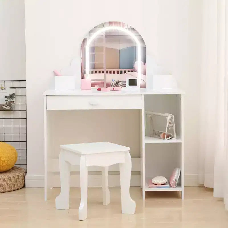 Coiffeuse et tabouret pour enfants avec miroir éclairé, coiffeuse de maquillage 2-en-1 avec tiroir et étagères ouvertes pour les filles de 3 ans et plus