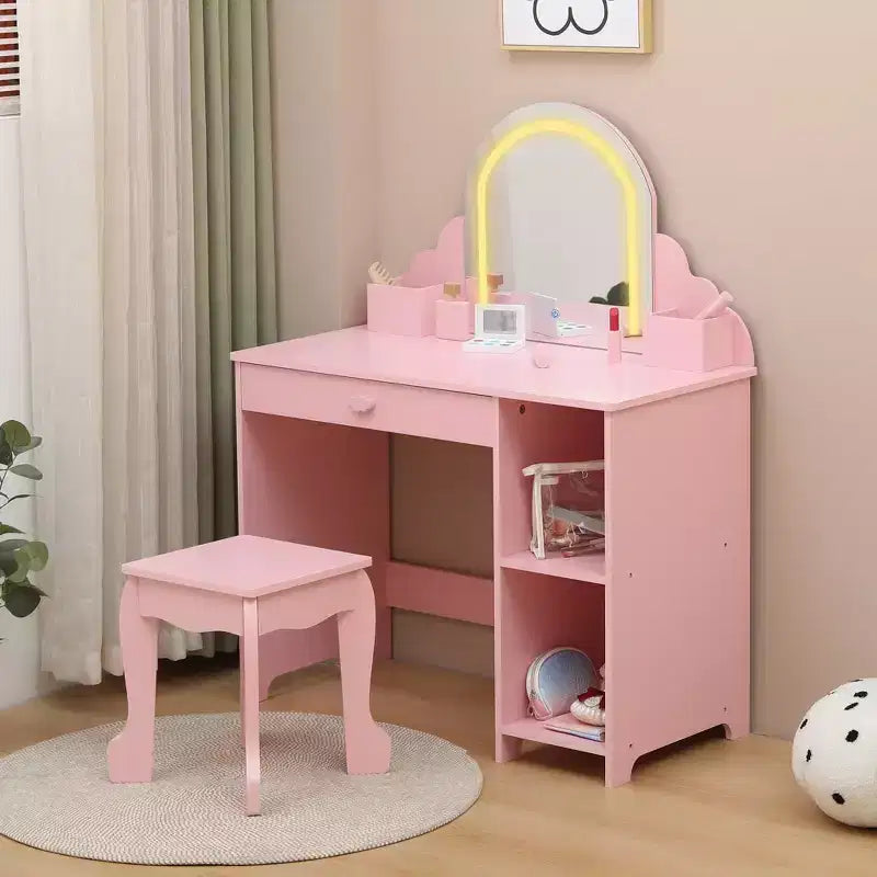 Coiffeuse et tabouret pour enfants avec miroir éclairé, coiffeuse de maquillage 2-en-1 avec tiroir et étagères ouvertes pour les filles de 3 ans et plus