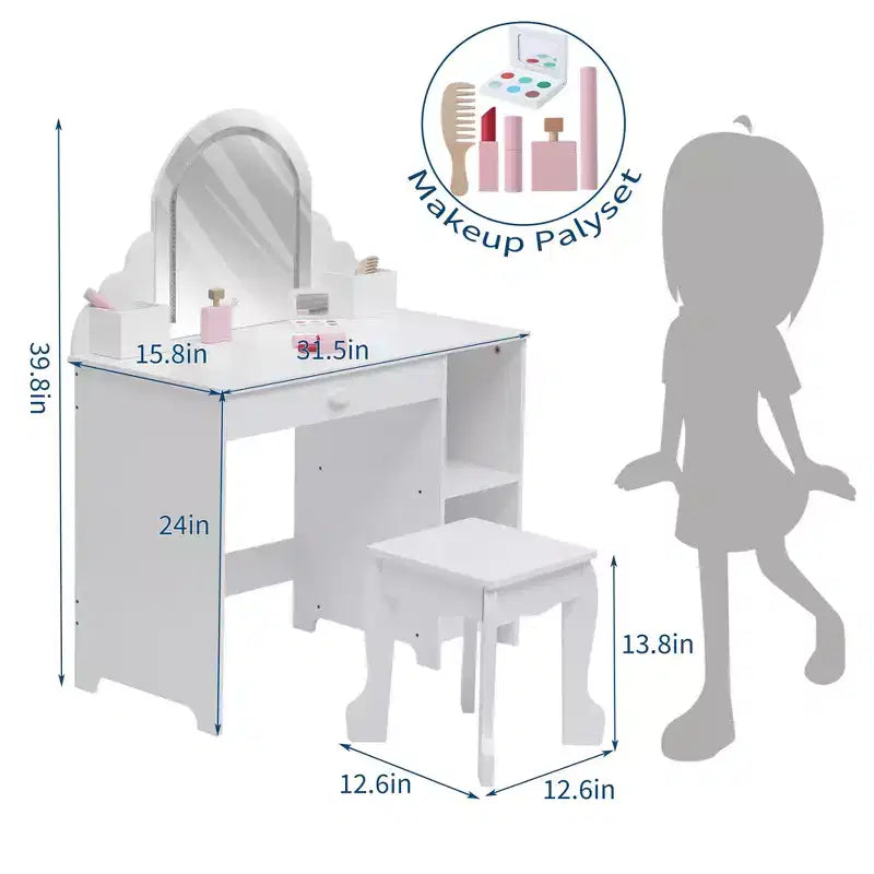 Coiffeuse et tabouret pour enfants avec miroir éclairé, coiffeuse de maquillage 2-en-1 avec tiroir et étagères ouvertes pour les filles de 3 ans et plus