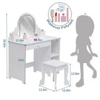 Coiffeuse et tabouret pour enfants avec miroir éclairé, coiffeuse de maquillage 2-en-1 avec tiroir et étagères ouvertes pour les filles de 3 ans et plus