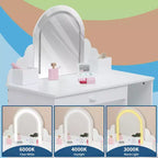 Coiffeuse et tabouret pour enfants avec miroir éclairé, coiffeuse de maquillage 2-en-1 avec tiroir et étagères ouvertes pour les filles de 3 ans et plus