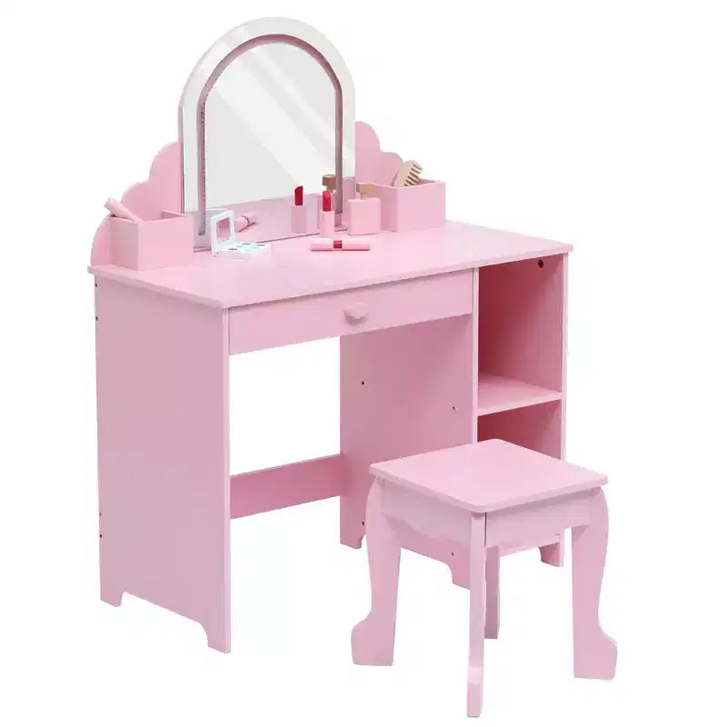 Coiffeuse et tabouret pour enfants avec miroir éclairé, coiffeuse de maquillage 2-en-1 avec tiroir et étagères ouvertes pour les filles de 3 ans et plus