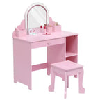 Coiffeuse et tabouret pour enfants avec miroir éclairé, coiffeuse de maquillage 2-en-1 avec tiroir et étagères ouvertes pour les filles de 3 ans et plus