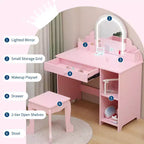 Coiffeuse et tabouret pour enfants avec miroir éclairé, coiffeuse de maquillage 2-en-1 avec tiroir et étagères ouvertes pour les filles de 3 ans et plus