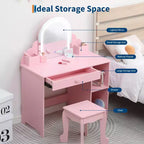 Coiffeuse et tabouret pour enfants avec miroir éclairé, coiffeuse de maquillage 2-en-1 avec tiroir et étagères ouvertes pour les filles de 3 ans et plus