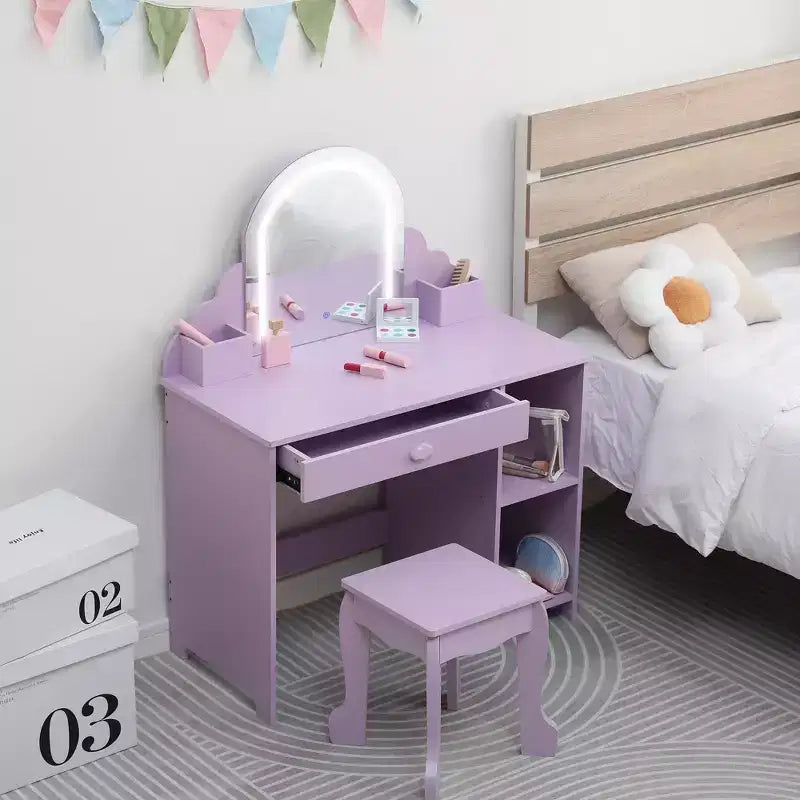 Coiffeuse et tabouret pour enfants avec miroir éclairé, coiffeuse de maquillage 2-en-1 avec tiroir et étagères ouvertes pour les filles de 3 ans et plus