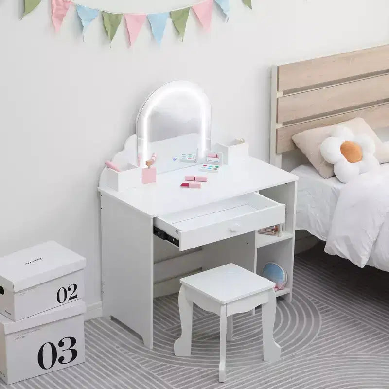 Coiffeuse et tabouret pour enfants avec miroir éclairé, coiffeuse de maquillage 2-en-1 avec tiroir et étagères ouvertes pour les filles de 3 ans et plus