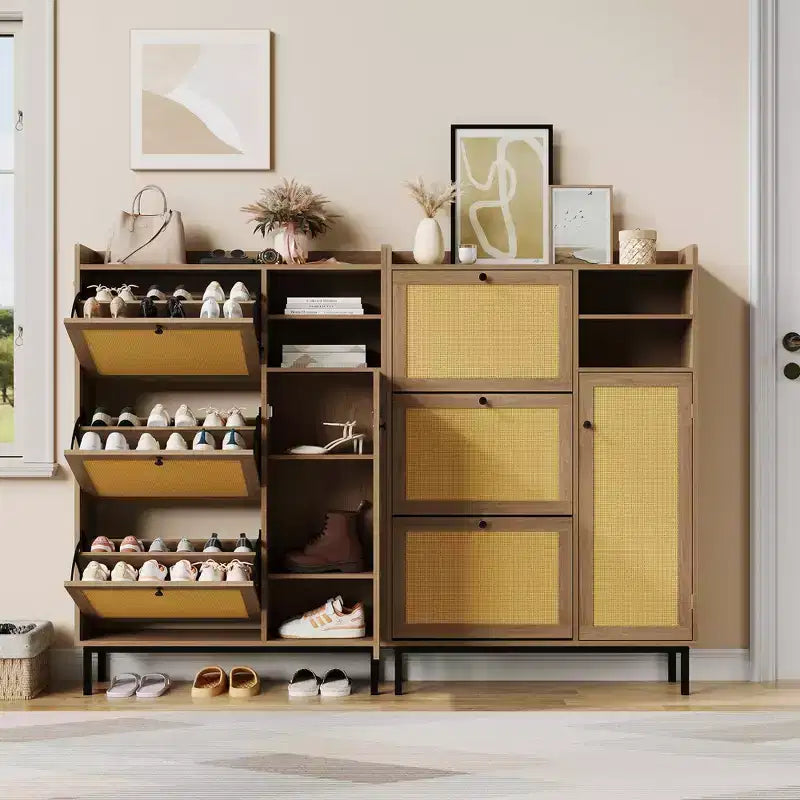 Meuble à Chaussures 3 Tiroirs Basculants avec Étagères à 5 Niveaux, Rangement à Chaussures en Rotin Naturel sur Pied pour Entrée, Couloir et Placard