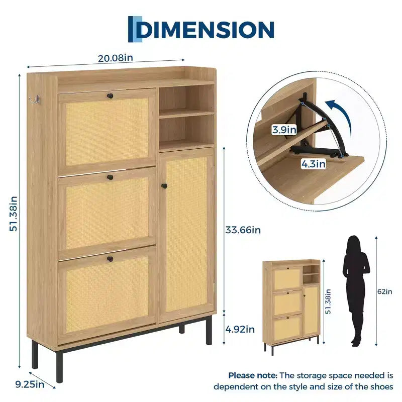 Meuble à Chaussures 3 Tiroirs Basculants avec Étagères à 5 Niveaux, Rangement à Chaussures en Rotin Naturel sur Pied pour Entrée, Couloir et Placard