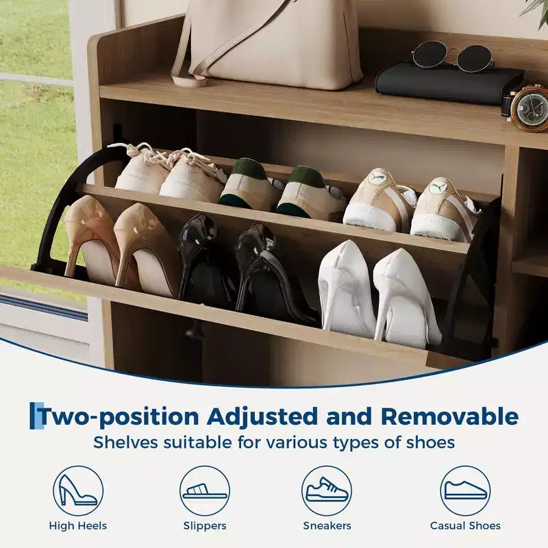 Meuble à Chaussures 3 Tiroirs Basculants avec Étagères à 5 Niveaux, Rangement à Chaussures en Rotin Naturel sur Pied pour Entrée, Couloir et Placard
