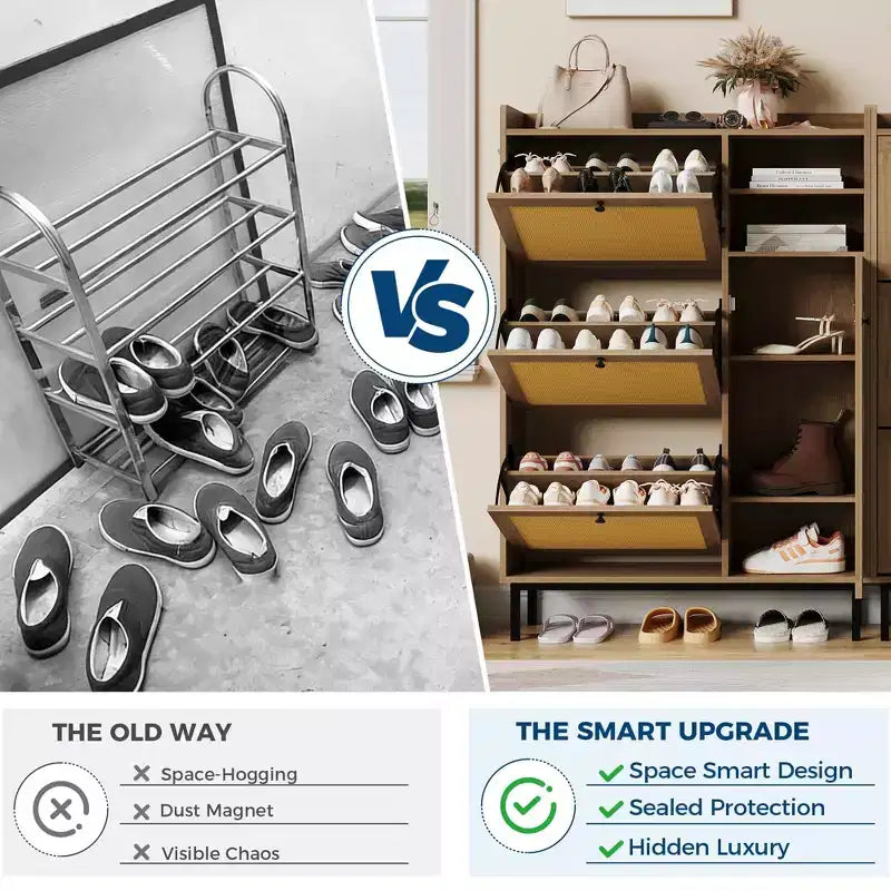 Meuble à Chaussures 3 Tiroirs Basculants avec Étagères à 5 Niveaux, Rangement à Chaussures en Rotin Naturel sur Pied pour Entrée, Couloir et Placard