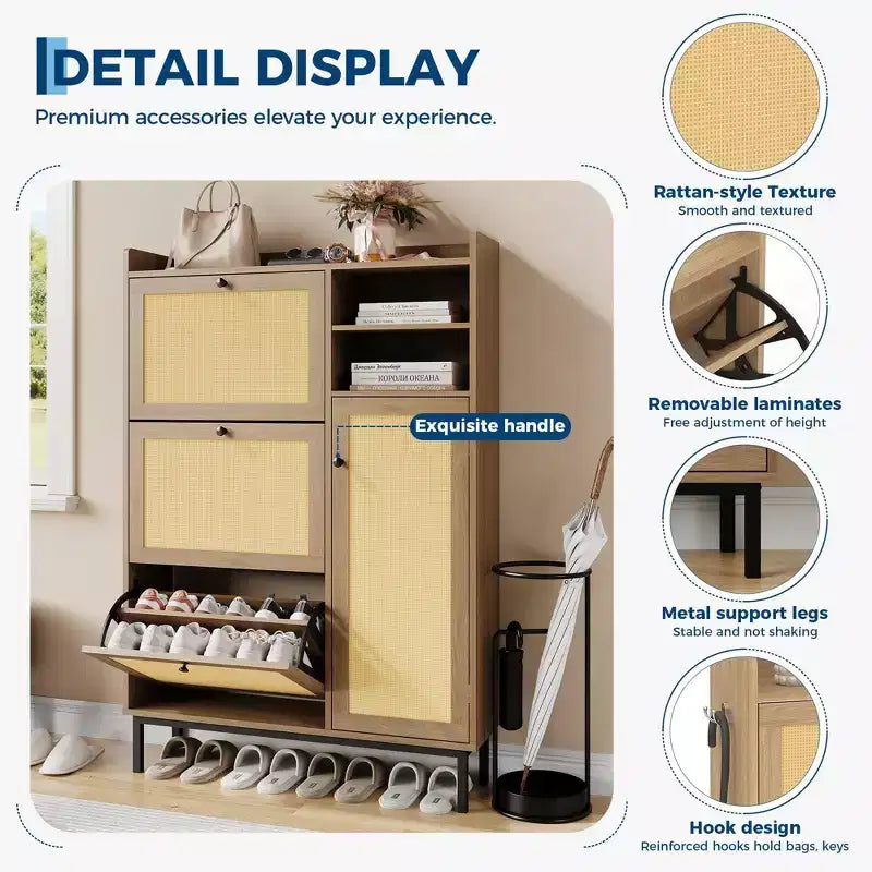 Meuble à Chaussures 3 Tiroirs Basculants avec Étagères à 5 Niveaux, Rangement à Chaussures en Rotin Naturel sur Pied pour Entrée, Couloir et Placard