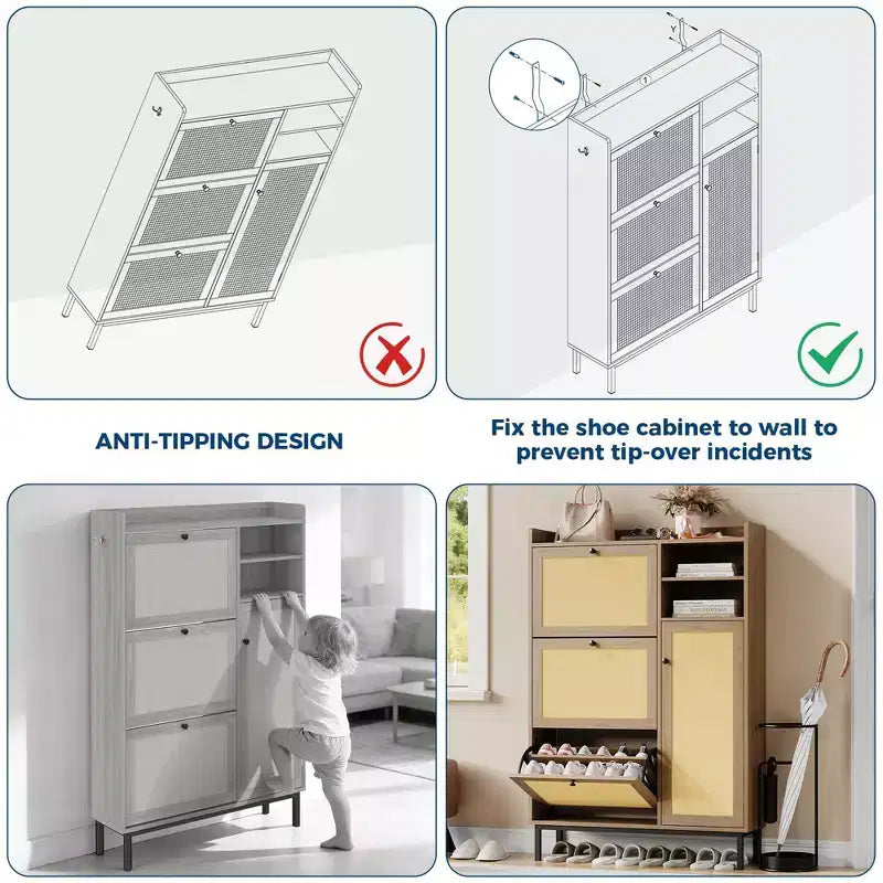 Meuble à Chaussures 3 Tiroirs Basculants avec Étagères à 5 Niveaux, Rangement à Chaussures en Rotin Naturel sur Pied pour Entrée, Couloir et Placard