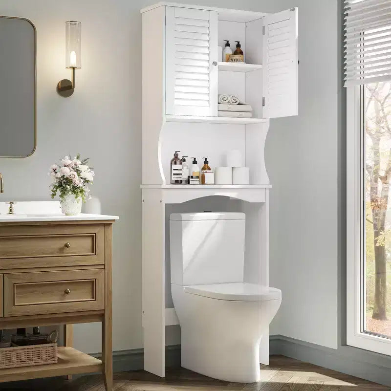 Meuble de rangement pour toilettes, peu encombrant, à 3 niveaux, organiseur de salle de bain autoportant avec étagère réglable, doubles portes, crochets, sécurité anti-basculement