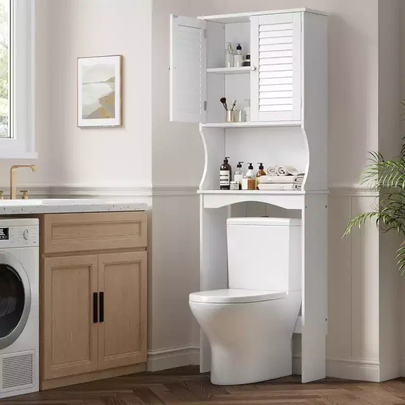 Meuble de rangement pour toilettes, peu encombrant, à 3 niveaux, organiseur de salle de bain autoportant avec étagère réglable, doubles portes, crochets, sécurité anti-basculement